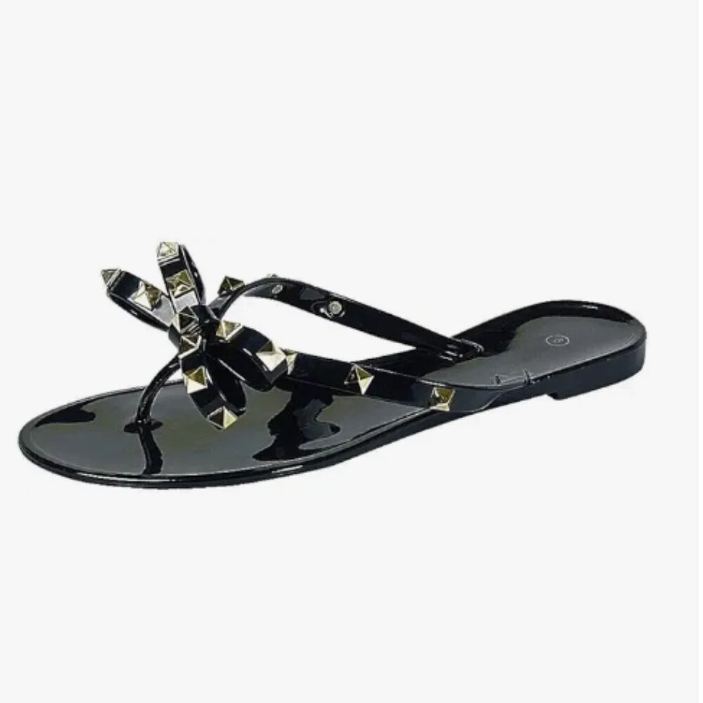 Womens Studded Jelly Flip Flops Sandals with Bow